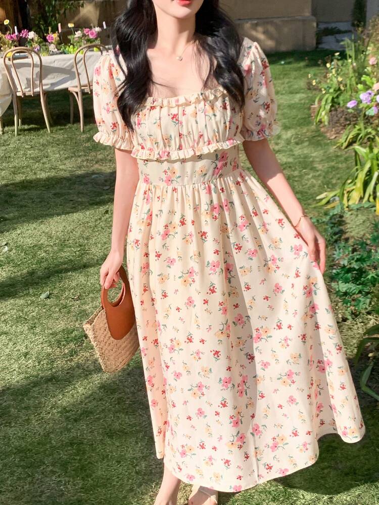 Women's Summer Valentine's Day Casual Rose & Ditsy Floral Girly Blouse//V-Neck Dress Set,Ruffle Vacation Outfits Women Easter Boho