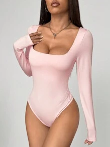 Flirla Women Brown Long Sleeve Bodysuit, Slim Fit Simple Commute Versatile Fall Cloth For Women - Pink - View 3