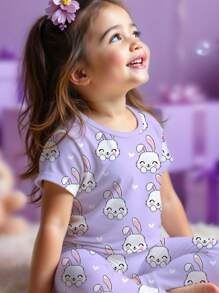 SHEIN Leap Crew 女婴休闲可爱兔子心形图案紫色紧身圆领短袖上衣和裤子家居服，适合春夏季 - 彩色 - 查看 3