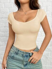 SHEIN EZwear Women Short Sleeve Solid Color Slim Fit Casual Top, For Everyday Wear