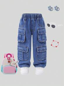 Denimly 中性婴儿都市街头休闲日常时尚全年必备多口袋宽腿牛仔裤，全松紧腰带和前纽扣闭合。前口袋和侧翻盖贴袋。 - 中等水洗藍 - 查看 2