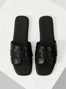 MOTF PREMIUM WOMEN'S COMFORTABLE SIMPLE WOVEN SQUARE TOE FLAT SANDALS, SPRING SHOES SPRING BREAK EASTER - Black - View 9