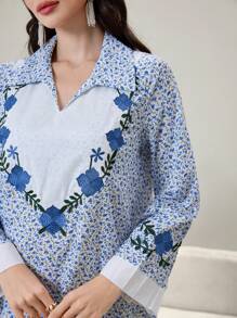 Al Najma Gaun Maxi Lengan Panjang Motif Bunga Patchwork Gaya Arab, Sopan - Biru - View 2