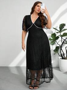 Firerie Plus Size Women's Short Sleeve Backless Contrast Color "Valentine Lover" Black Lace Dress