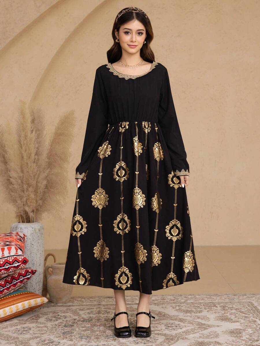Teen Girl Spring/Autumn Elegant Luxurious Gold Foil Retro Print Lace Trim Patchwork Long Sleeve Floral Collar Dress - Black - View 1