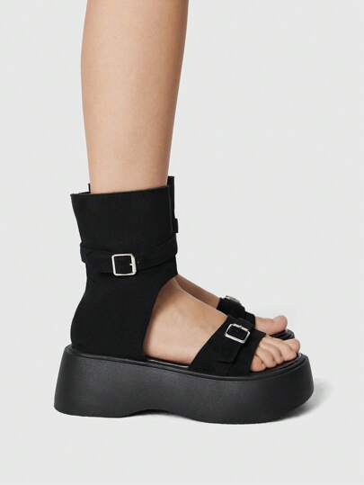 Goth Sandalias de plataforma con tacón de cuña y hebilla decorativa, adecuadas para el uso diario