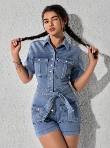 SHEIN EZwear 女式前扣短袖口袋休闲牛仔连身裤 - 中等水洗藍 - 查看 1