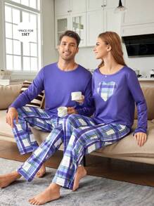 CoupledUp Conjunto de pijama casual de manga larga a cuadros y de color block para hombre
