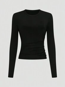 SHEIN LUNE Conjunto de 3 piezas talla grande: Top ajustado de cuello redondo de manga larga de punto con detalle de plisado lateral
