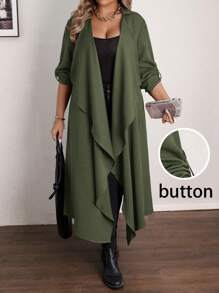 Flirla Plus Size Casual Waterfall Collar Long Coat , For Christmas Women Fall Clothes Winter Autumn - Army Green - View 1