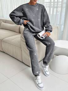 RueChic Rhinestone Detailed Grey Sweatshirt And Sweatpants Set - Grey - View 6
