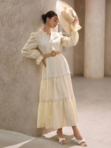 Chiquease Elegant Vacation Bohemian Fashion Lace Patchwork Tie Up Waist Belt Design Long Sleeve Dress For Women  Old Money Style For Spring Fall - Apricot - View 1