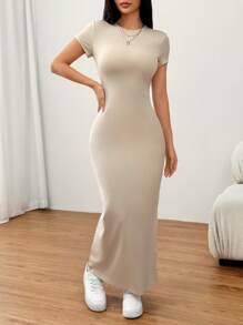SHEIN EZwear Đầm suông cổ tròn tay ngắn màu trơn thanh lịch cho nữ - Màu be - Xem 4