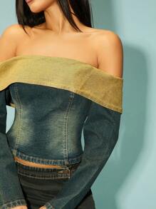 Denimoi Women's Solid Color Spliced Off Shoulder Long Sleeve Casual Top - Dark Wash - View 4