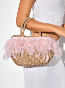 SHEIN BAE 女士派对节日约会俱乐部人造羽毛手提包 - 咖啡棕 - 查看 6