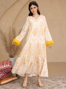SHEIN Teen Girl's Casual Modest V-Neck Woven Feathered Trim Printed Dress, Suitable For Spring/Autumn - Yellow - View 7