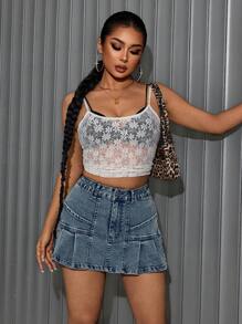 SHEIN Unity Women's Casual Denim Mini Skirt, Suitable For Outing And Travel - الأزرق - مشاهدة 3