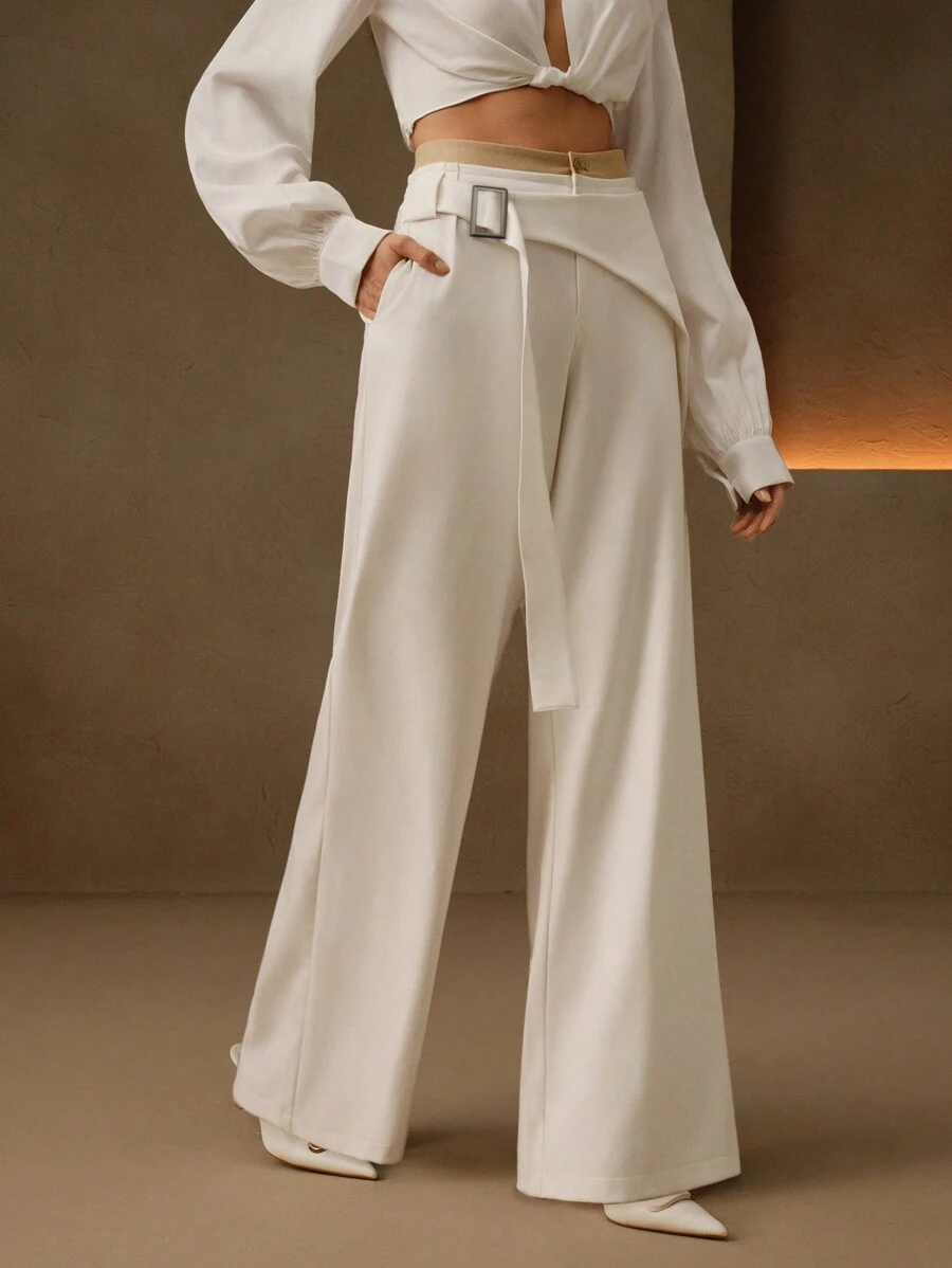 Anewsta White Casual Straight Leg Wrap-Around With Tie Waist Pants, Versatile Commuting Trousers - White - View 1