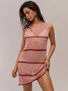 Forever 21 Ärmelloses Strickpulloverkleid mit Farbblock-Muster und Streifen für Damen, Cut Out - Pink - Übersicht 4