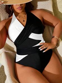 SHEIN Slayr CURVE Plus Size Women Color Block Elegant Halter One-Piece Casual Swimsuit For Vacation, For Summer Beach
