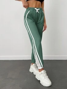 EURMUSE 95% Cotton Contrast Side Seam Drawstring Waist Sweatpants - Green - View 5