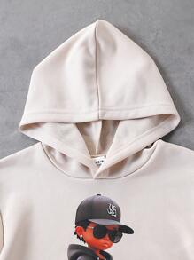 SHEIN Explorewe 2 件男童美式街头风格卡通人物印花超大连帽运动衫 + 字母印花松紧腰运动裤套装，适合秋冬季和街头穿着