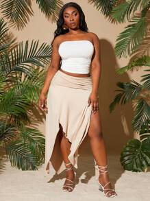 SHEIN PETITE CURVE Falda asimétrica gris caqui de talla grande para mujer, de unicolor, con cintura fruncida y abertura alta sexy, adecuada para vacaciones en la playa, citas, cumpleaños, despedida de soltera, estilo lindo y casual, para ir de compras, salir, fácil de combinar y que hace que la figura luzca estilizada.