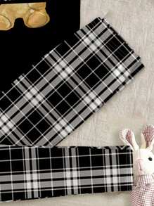 SHEIN Leap Crew Tween Girl 休闲熊和格子图案短袖上衣和紧身裤套装，贴身罗纹面料，适合春夏季 - 彩色 - 查看 4