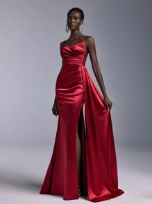 Elitara 奢华性感蕾丝撞色礼服，高开叉拖尾鱼尾裙，晚会礼服，婚礼宾客礼服，正式礼服 - 酒紅色 - 查看 5