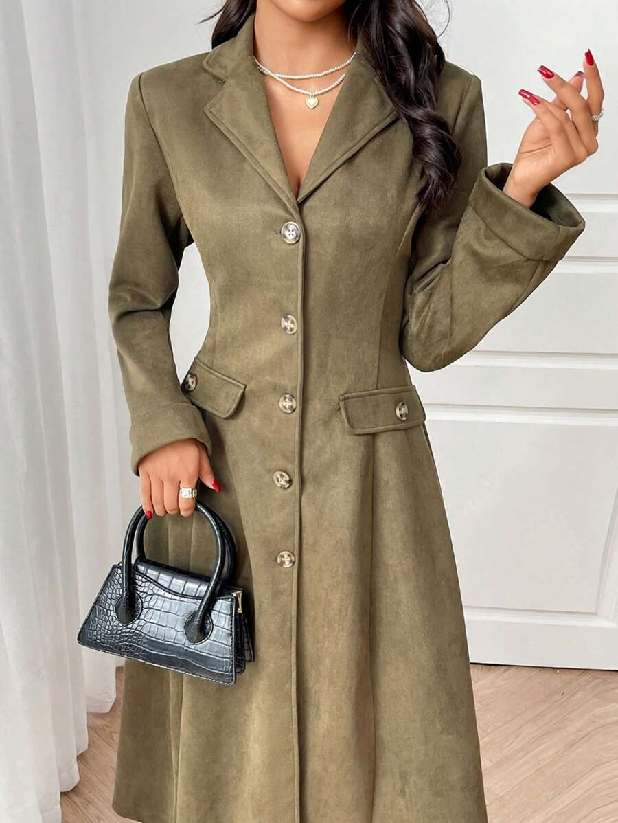 Seusyu Áo khoác Blazer dài cổ ve đơn màu trơn cho nữ, thanh lịch cho mùa thu - xanh quân đội - Xem 1