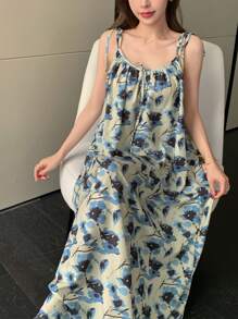 DAZY Damen Kleid mit Blume Muster und Bindedetail, ärmellos, knöchellang, Lässig Sommerkleid für Kreuzfahrten, Abendkleider, Maxikleid - Grün - Übersicht 4
