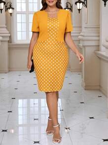 SHEIN Clasi Plus Size Solid Color Block Short Sleeve Casual Slim Fit Mini Dress - Yellow - View 3