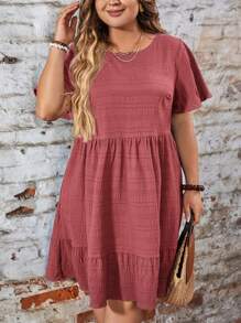 SHEIN LUNE 大码夏季纯色纹理荷叶边下摆休闲度假连衣裙、西装、节日波西米亚嬉皮女牛仔装老钱波西米亚风 - 藕粉色 - 查看 4