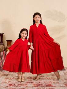 SHEIN Tween Girls' Loose V-Neck Layered Textured Fabric 3/4 Sleeve A-Line Dress - Red - View 3