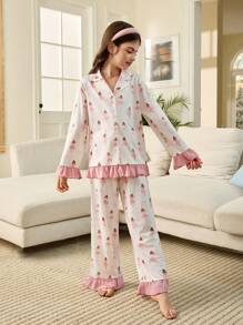 SHEIN Tween Girls Cute Cartoon Pattern Collar Button Front Long Sleeve Top And Ruffle Trim Soft Comfortable Pants 2 Pieces Pajama Set, Sibling Matching Outfits (2 Sets Sold Separately) - Pink - View 5