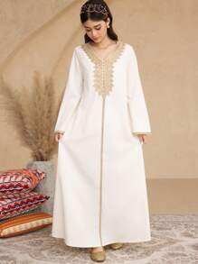 SHEIN 1 件青少年女孩 V 领金色花卉装饰宽松褶皱水洗面料连衣裙，皇家宫廷风格，宽松长裙，适合春夏季 - 杏色 - 查看 3