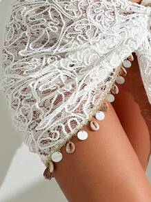 SHEIN X Sofía Suescun Swim Vcay Springbreak Solid Color Textured Mesh Shell Tassel Decor Triangle Cover-Up Skirt, For Summer Vacation - White - View 7