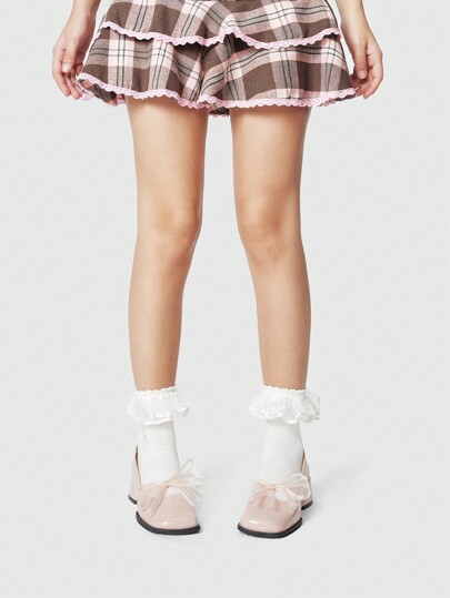 Kawaii Women's Closed Toe Chunky Heel High Heels, Mary Jane Style Bow Decor Leather Shoes