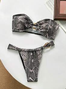 2pcs/Set Sexy Random Print Bandeau Top With Drawstring Tie Side Bikini Set, Women, Summer