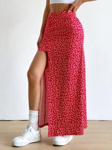 Falda larga con diseño floral pequeño y abertura en el dobladillo - Rojo - Ver 3