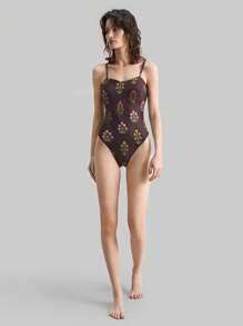 Ontre 女士花卉复古印花细肩带休闲连体泳衣，简约合身