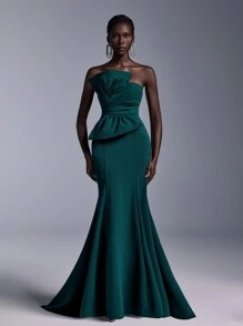 Elitara Elegant Formal Gown With Oversized Bow Decor And Mermaid Hem, Floor-Length Evening Dress, Prom Dress, For Wedding Guest, Graduation, Dinner Party Dress - Dark Green - View 4
