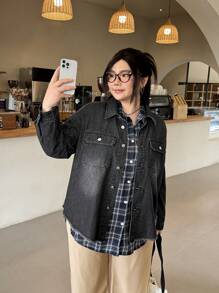 SHEIN EZwear 大码女式落肩长袖单排扣休闲牛仔夹克 - 黑色 - 查看 2