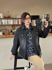 SHEIN EZwear 大码女式落肩长袖单排扣休闲牛仔夹克 - 黑色 - 查看 3