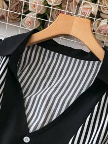EMERY ROSE Plus Striped Print Button Detail Blouse Fall Cloth For Women - Black and White - View 7