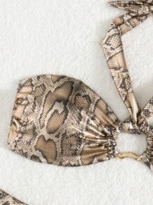 Snake Skin Print Halter Metal Lock Decor Bikini Set, Women Summer Swimwear Beach Outfit - Brown - View 4