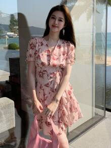 DAZY 女式花卉印花短袖连衣裙，夏季，荷叶边 - 粉色 - 查看 4