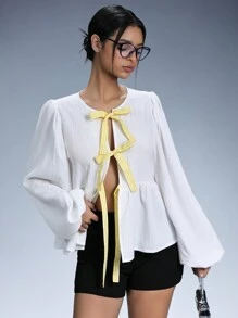 GENKIRA Blusa de mujer con bloques de color, rayas, lazo y volantes en el dobladillo con mangas abullonadas - Blanco - Ver 3