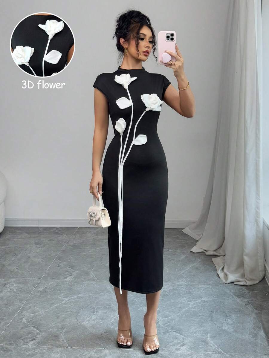 Chiquease 女式小立领花卉装饰修身紧身长裙，后开衩