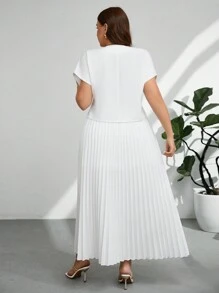 Firerie 2pcs/Set Plus Size Solid Color Front Button Short Sleeve Blouse And Skirt Suit - White - View 2